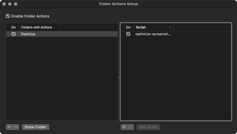 Screenshot of the Folder Actions Setup interface, with 'Desktop' list on the left 'Folders with Actions' pane, and 'optimize-screenshots' listed on the right under 'Script'